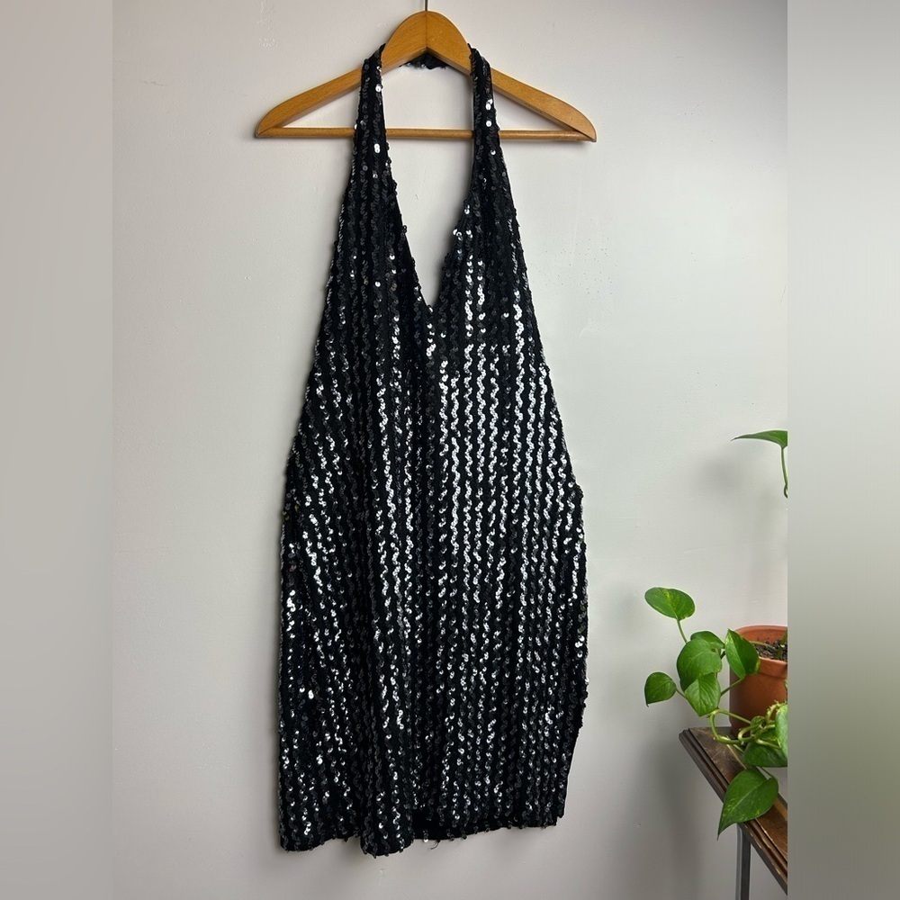 Climax Vintage 70s 80s full sequins Halter open Back V-Neck mid dress